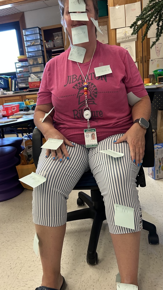Teacher covered with Post It Notes