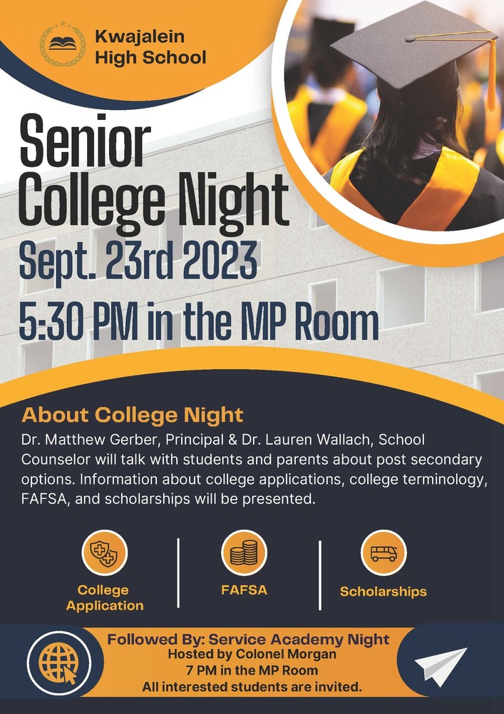 Flyer with information about Senior College and Service Academy Night